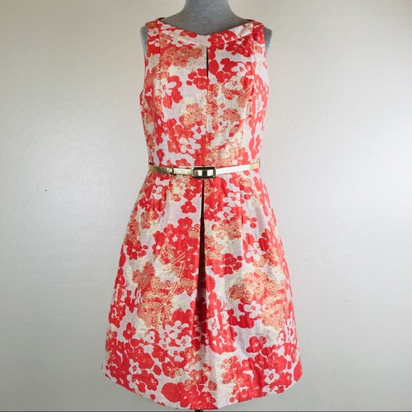 Tahari ASL Gold Metallic Jacquard Floral Dress